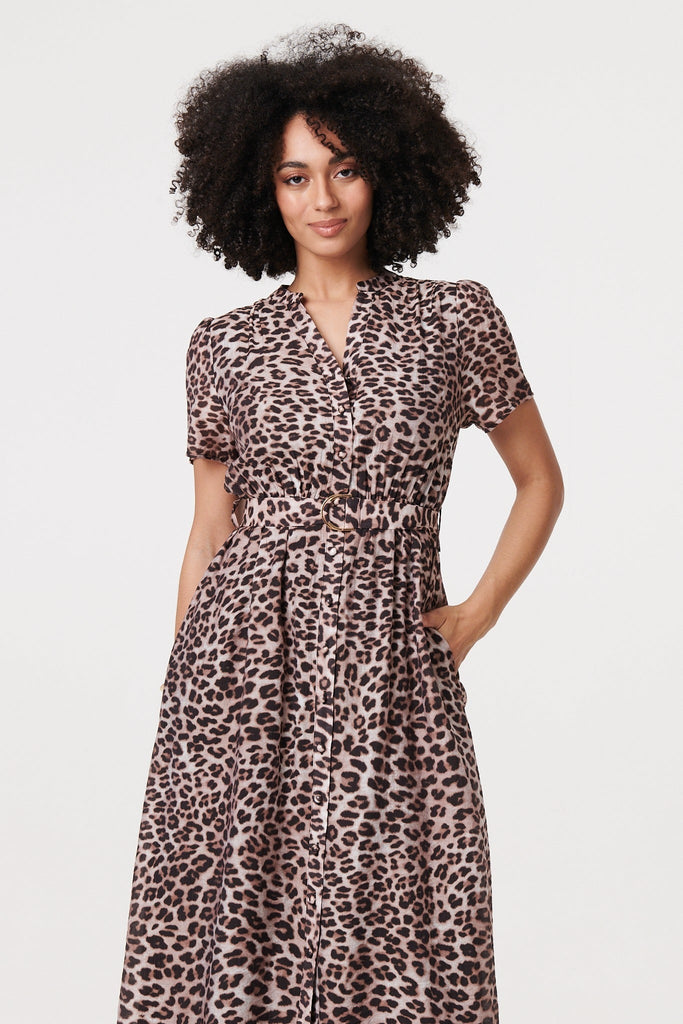 Animal Print Belted Midi Shirt Dress