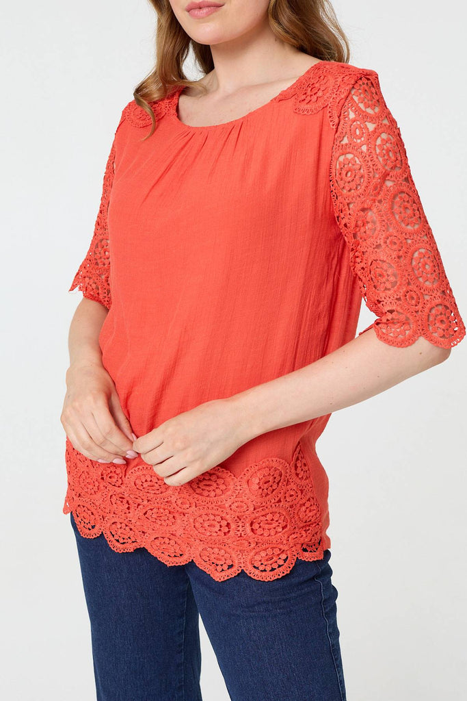 Lace Trim Semi Sheer 1/2 Sleeve Blouse