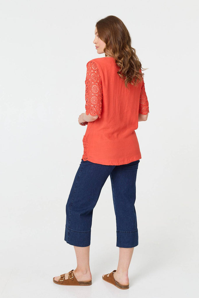 Lace Trim Semi Sheer 1/2 Sleeve Blouse