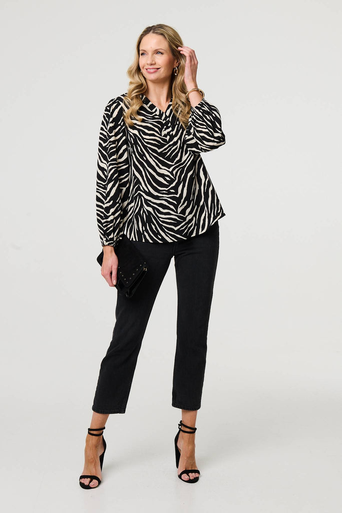 Zebra Print V-Neck Long Sleeve Blouse