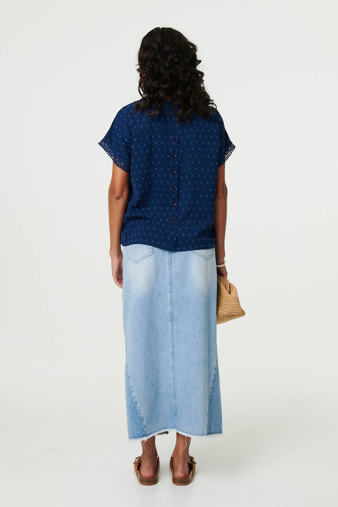 Lace Trim Short Sleeve Button Back Blouse