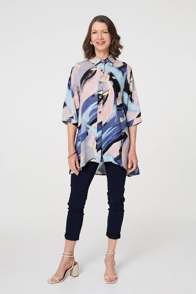 Brushstroke Print Collared Relaxed Shirt