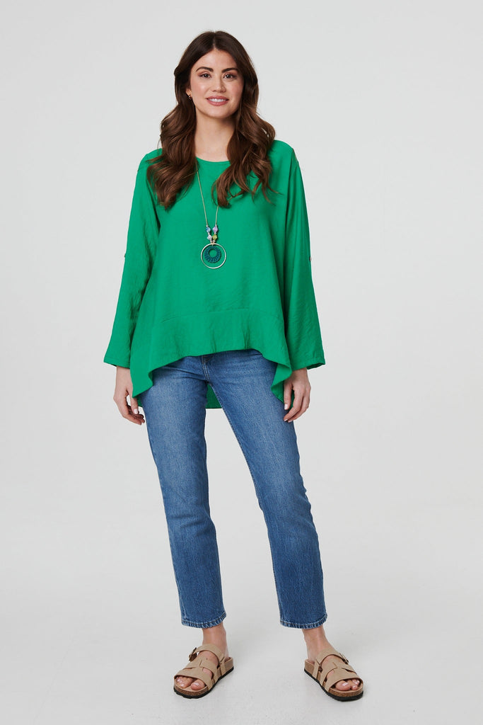 Ruffle Curved Hem Long Sleeve Blouse