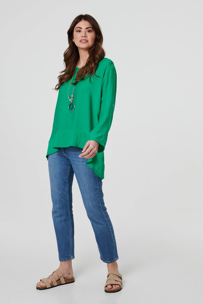 Ruffle Curved Hem Long Sleeve Blouse