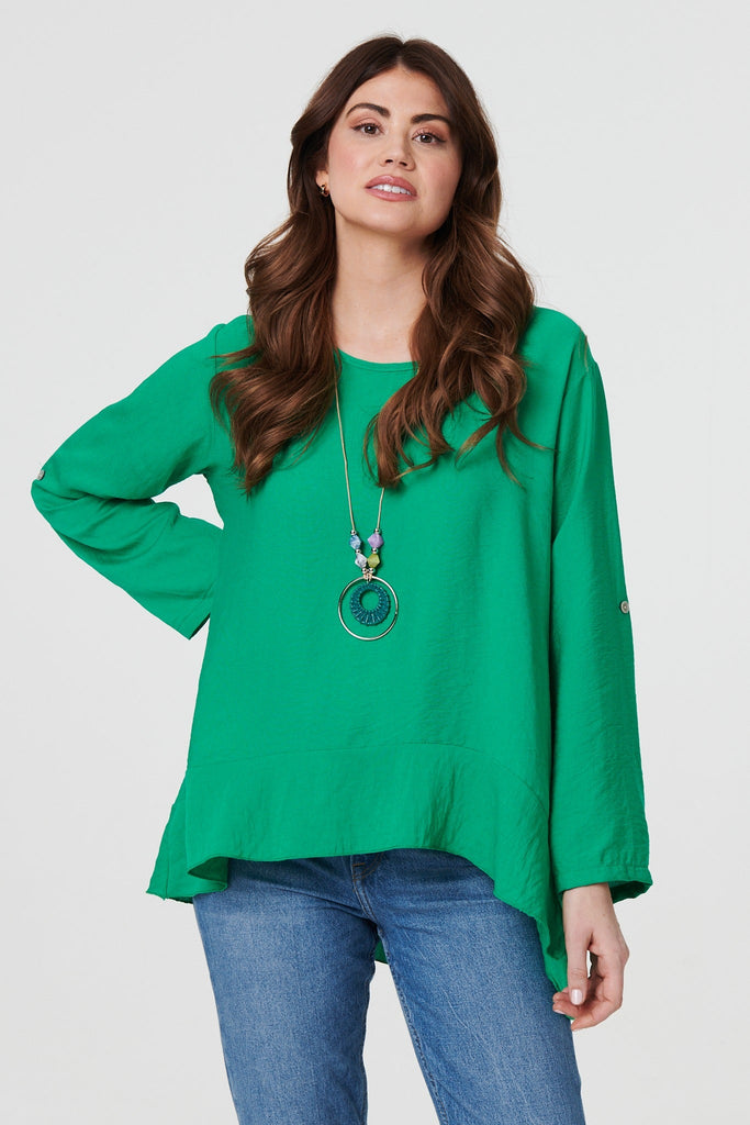 Ruffle Curved Hem Long Sleeve Blouse