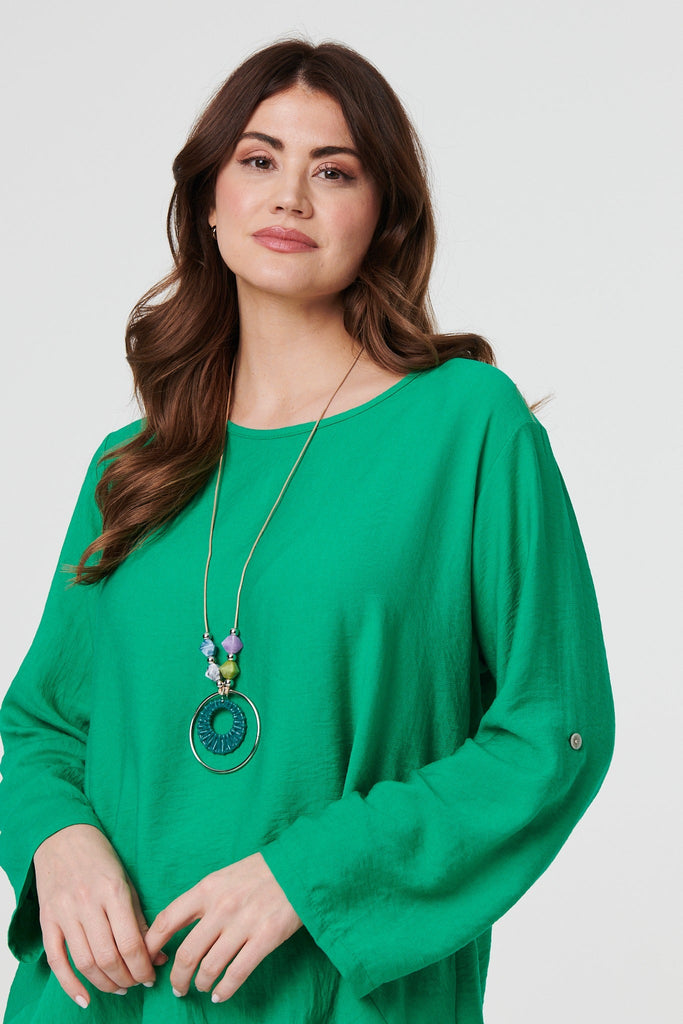 Ruffle Curved Hem Long Sleeve Blouse