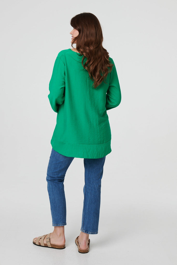 Ruffle Curved Hem Long Sleeve Blouse