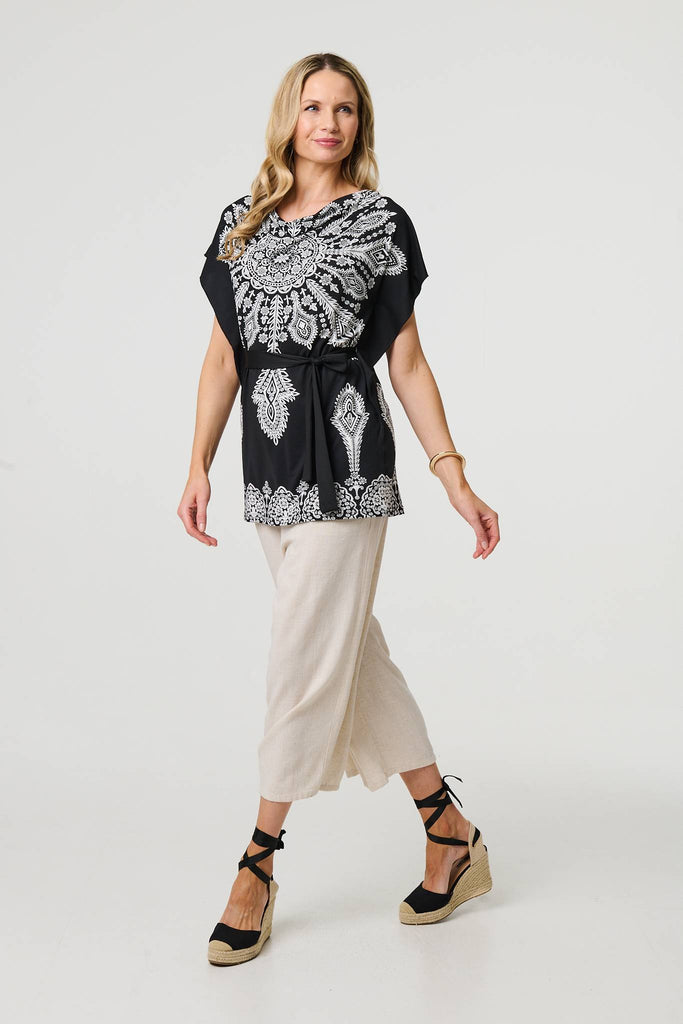 Paisley Print Tie Waist Kimono Blouse Top