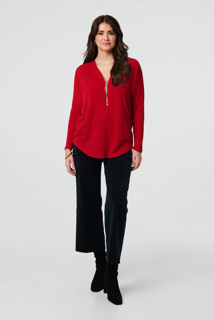Zip Front V-Neck Relaxed 3/4 Sleeve Top