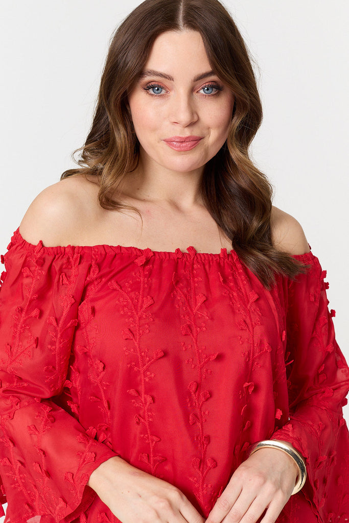 Textured Semi Sheer Bardot Blouse