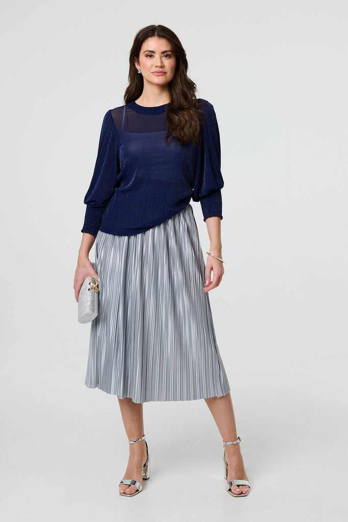 Sparkly 3/4 Puff Sleeve Mesh Top