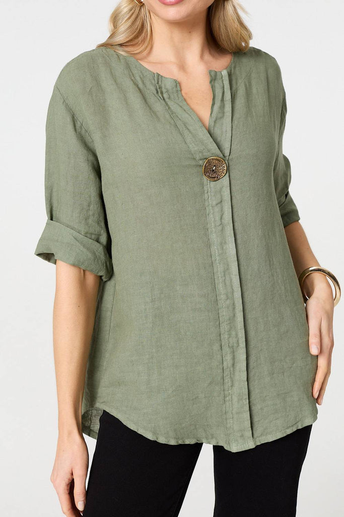 Button Detail 1/2 Sleeve V-Neck Blouse