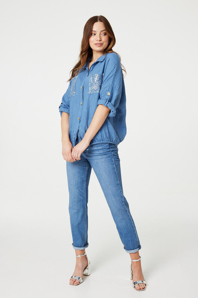 Sequin Detail 3/4 Turn-Up Sleeve Shirt