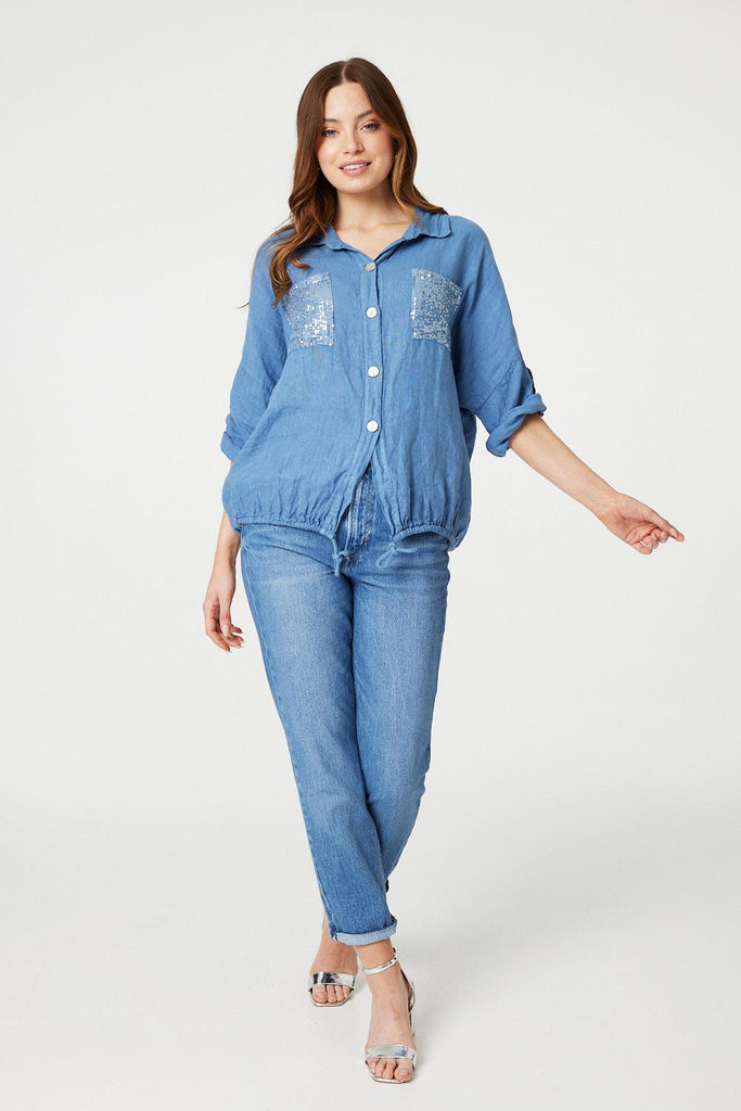 Sequin Detail 3/4 Turn-Up Sleeve Shirt