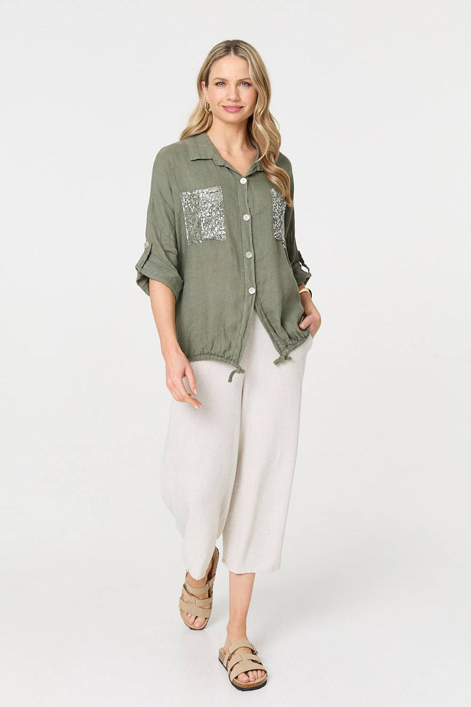 Sequin Detail 3/4 Turn-Up Sleeve Shirt