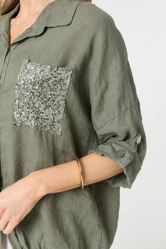 Sequin Detail 3/4 Turn-Up Sleeve Shirt