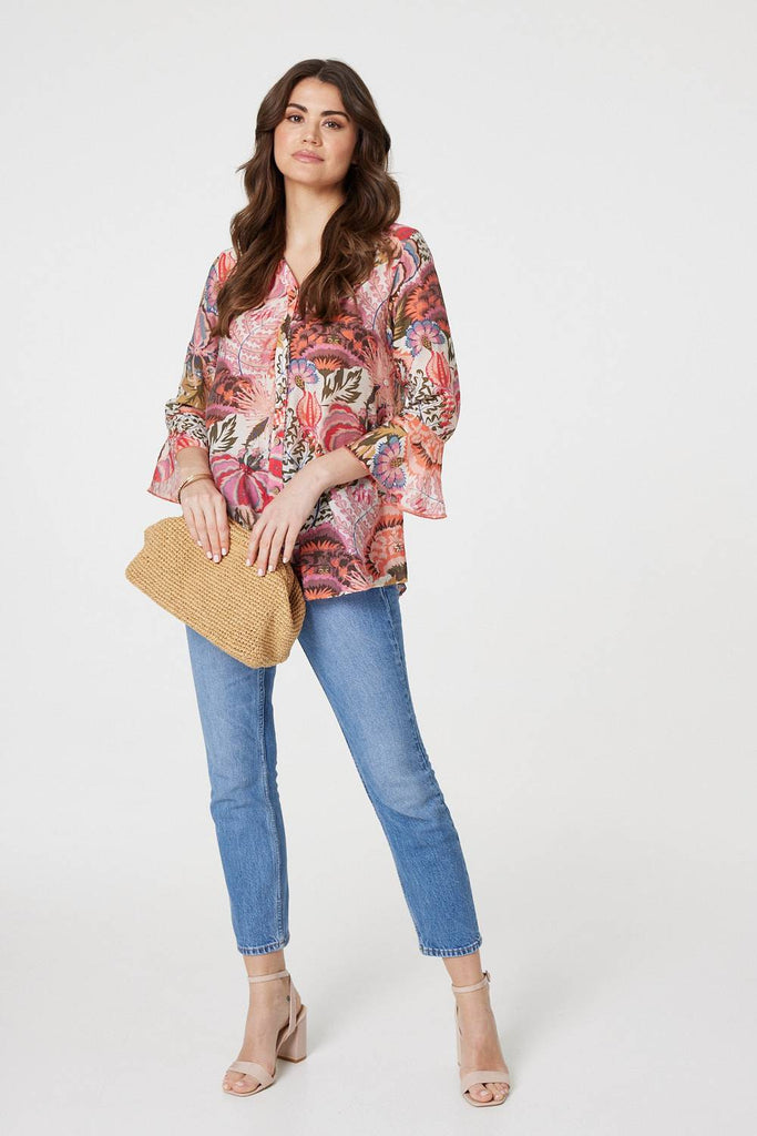 Floral 3/4 Frill Sleeve Relaxed Blouse