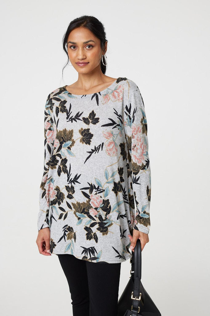 Floral Wide Neck Relaxed Long Sleeve Top