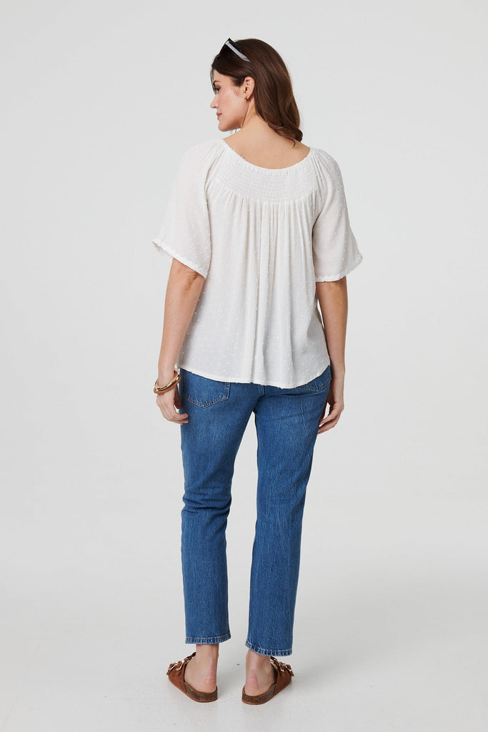 Textured Semi Sheer Shirred Bardot Top