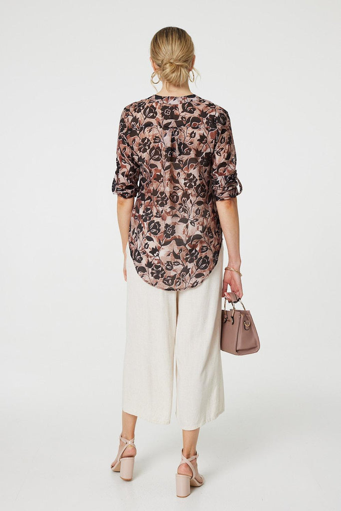 Floral 3/4 Sleeve Curve Hem Blouse