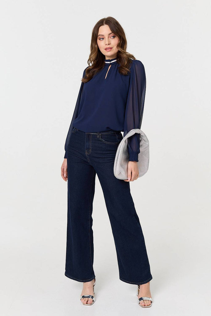 Sparkle Trim High Neck Semi Sheer Blouse