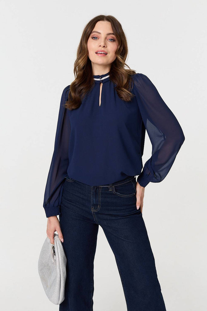 Sparkle Trim High Neck Semi Sheer Blouse