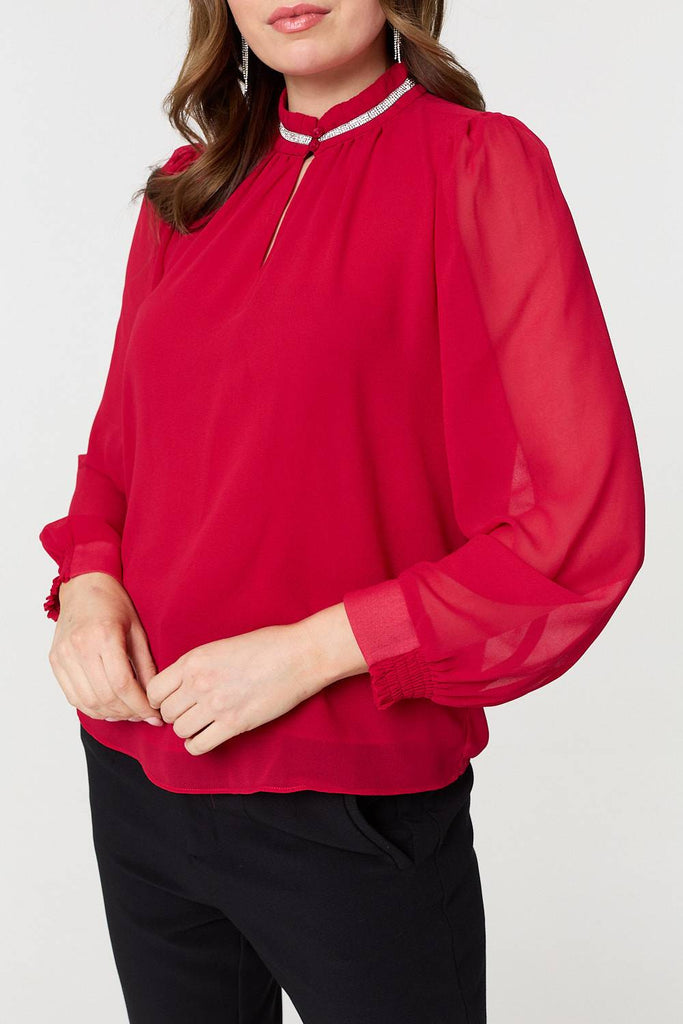 Sparkle Trim High Neck Semi Sheer Blouse