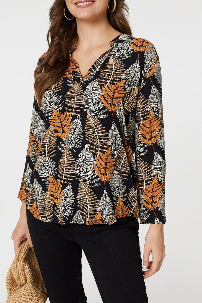Leaf Print Turn-Up Sleeve Blouse