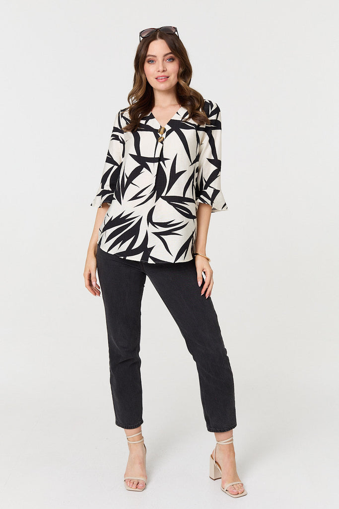 Printed Relaxed V-Neck 3/4 Sleeve Blouse
