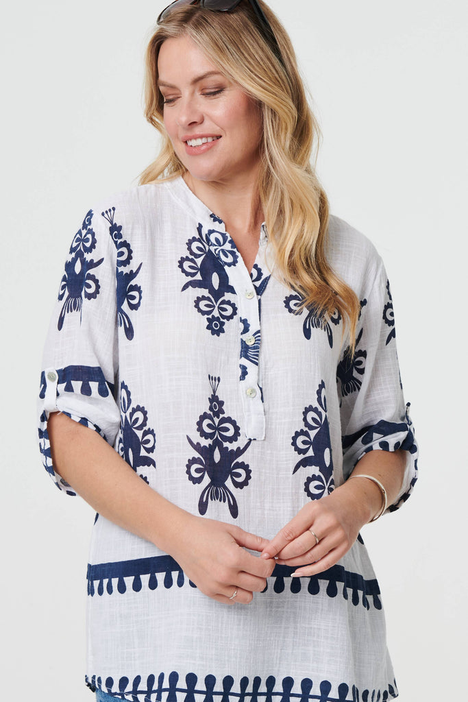 Ikat Print V-Neck 3/4 Sleeve Blouse