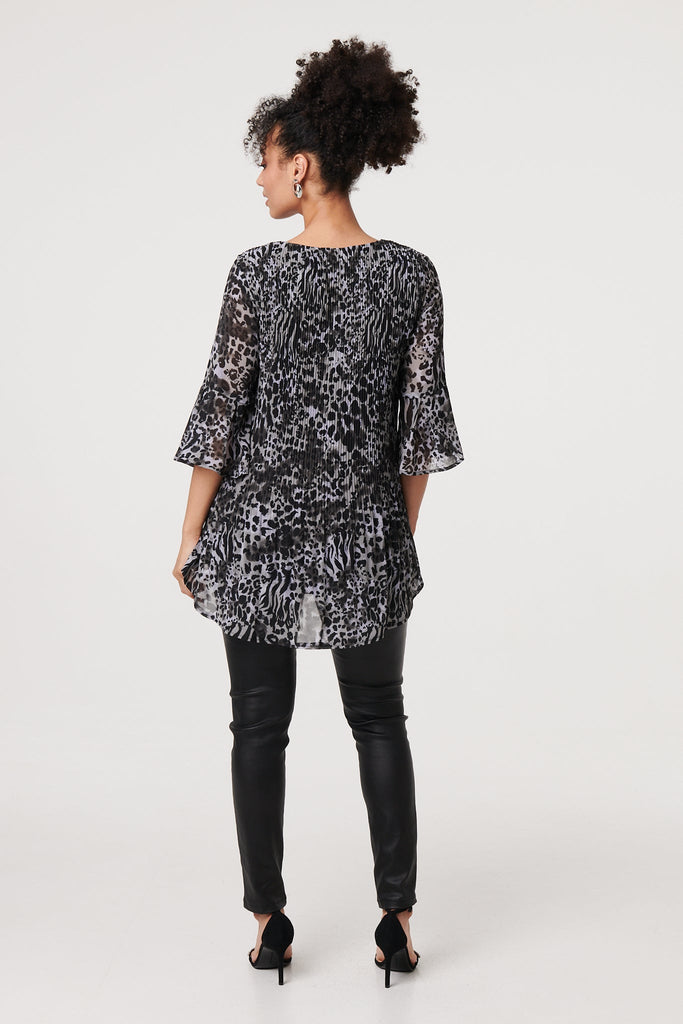 Animal Print Sheer Pleated Blouse