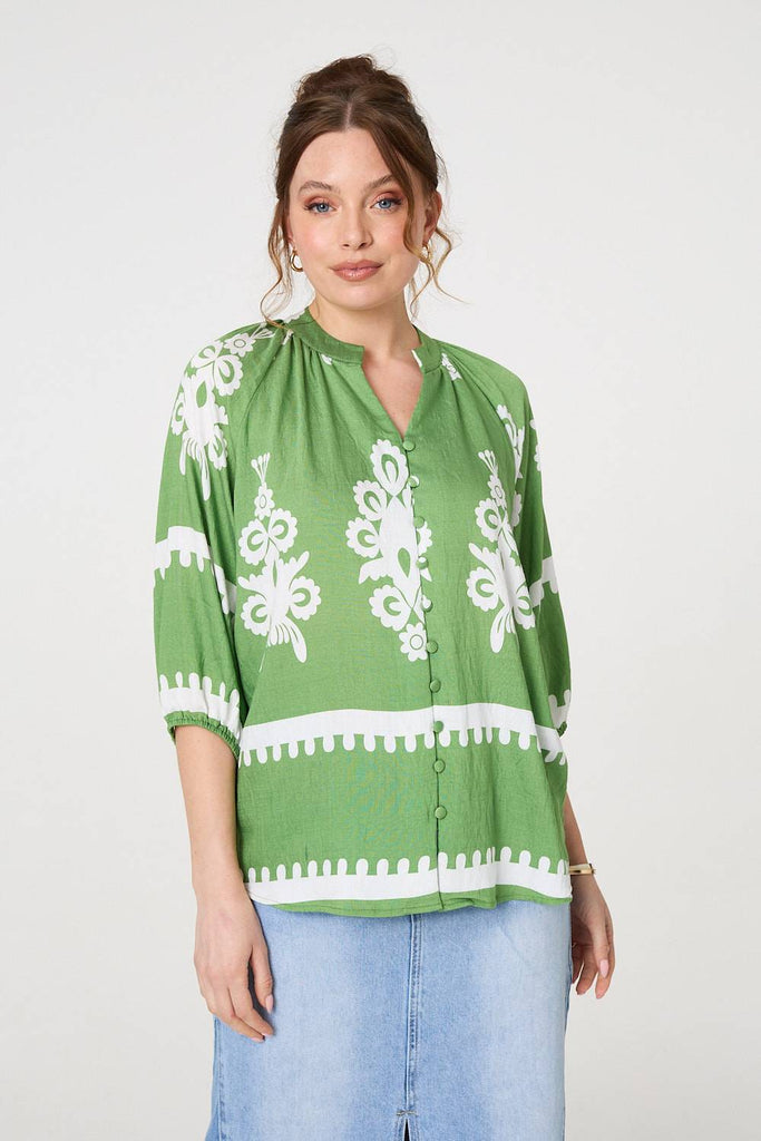 Ikat Print 3/4 Sleeve Relaxed Blouse