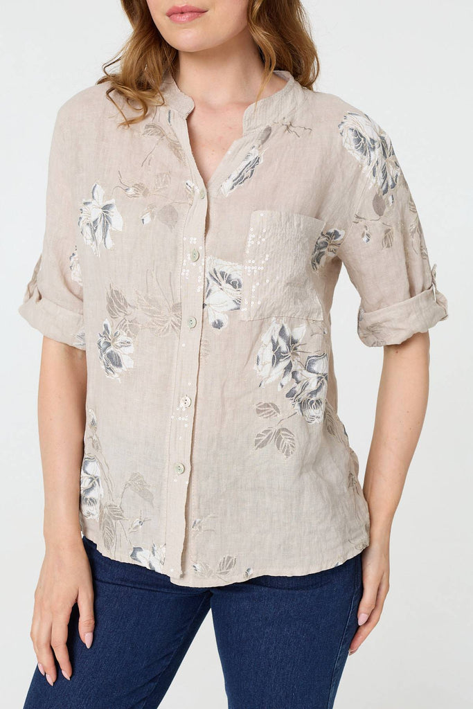 Floral 3/4 Turn-Up Sleeve Blouse