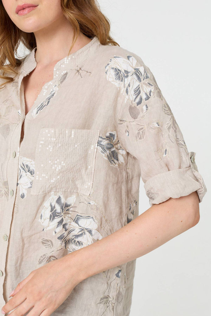 Floral 3/4 Turn-Up Sleeve Blouse