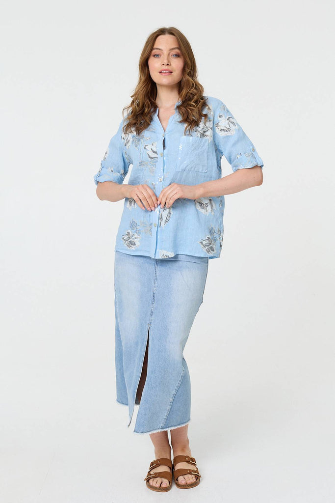 Floral 3/4 Turn-Up Sleeve Blouse