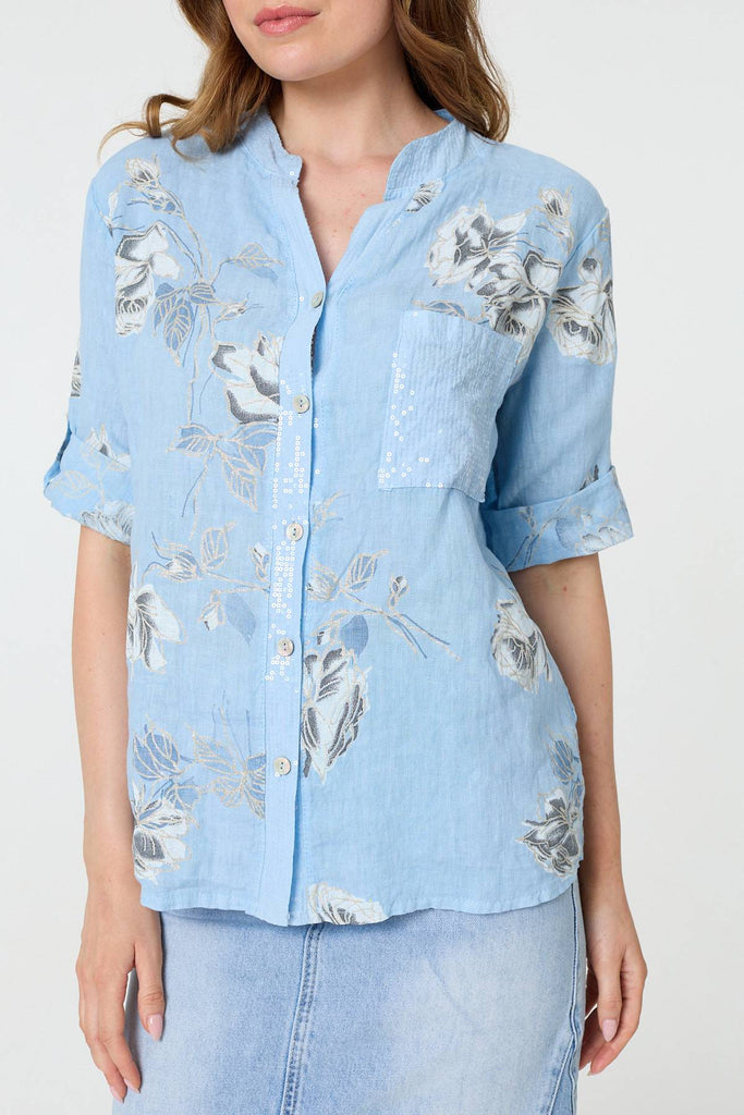 Floral 3/4 Turn-Up Sleeve Blouse
