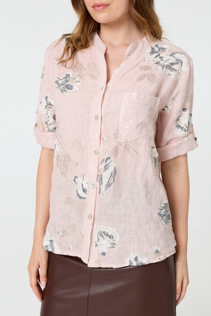 Floral 3/4 Turn-Up Sleeve Blouse