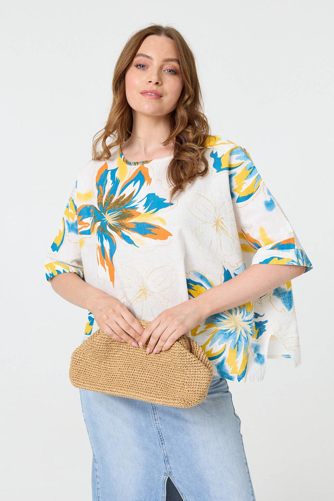 Floral 3/4 Sleeve Relaxed Boxy Blouse
