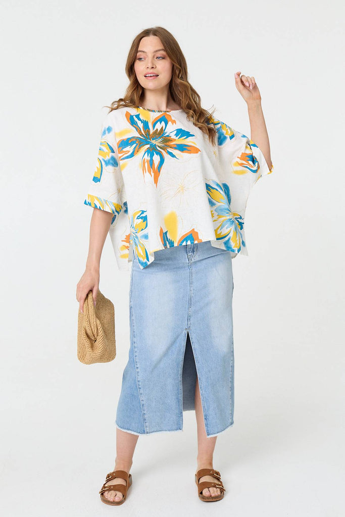 Floral 3/4 Sleeve Relaxed Boxy Blouse