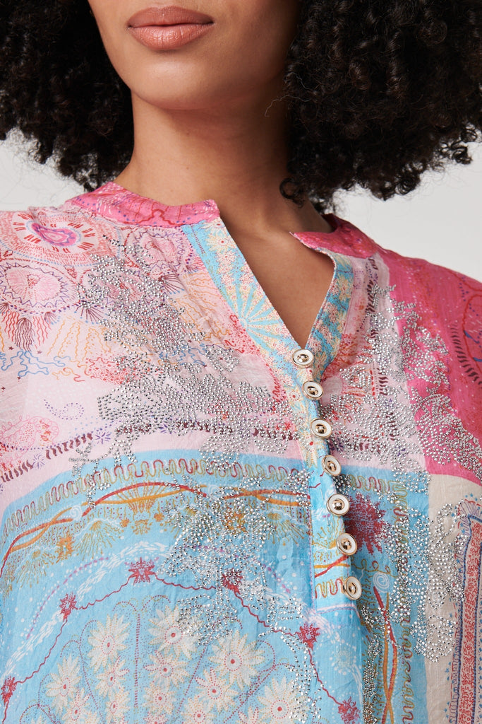 Patchwork Print Short Sleeve Blouse