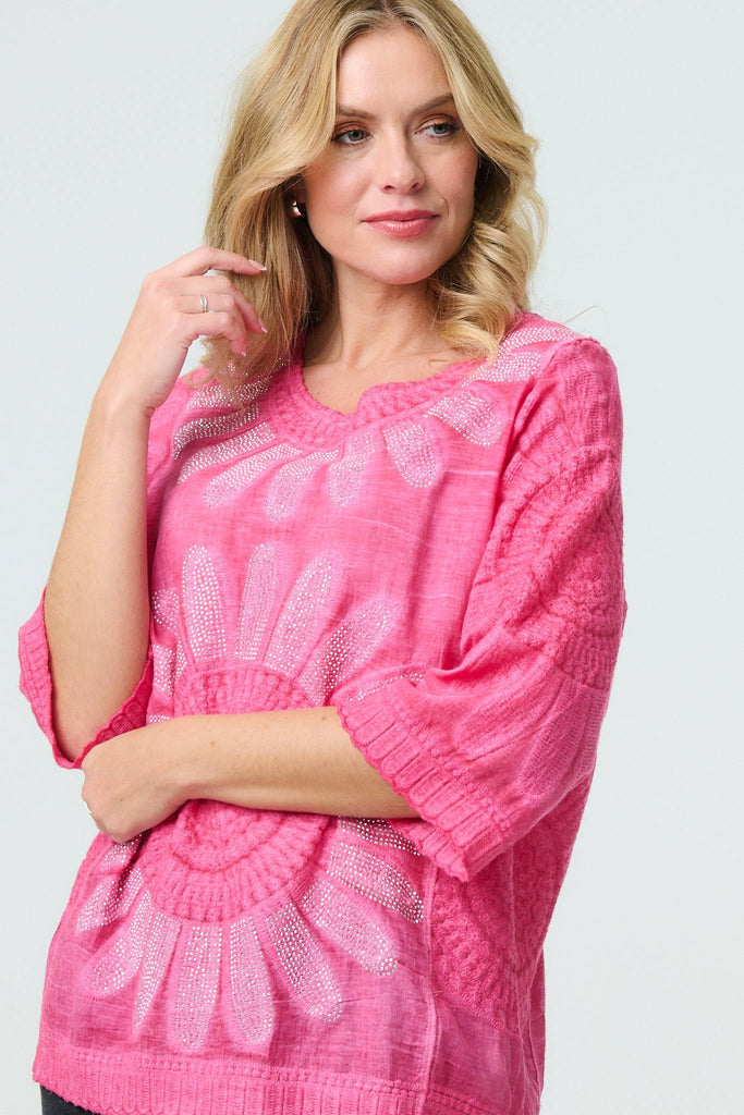 Floral Diamante Stud 3/4 Sleeve Knit Top