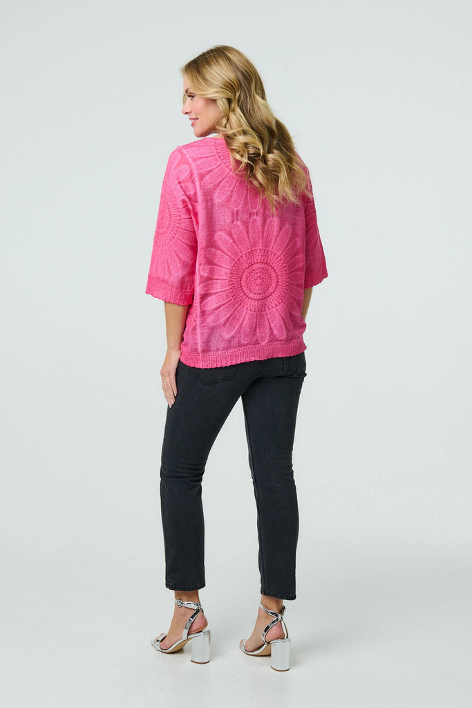 Floral Diamante Stud 3/4 Sleeve Knit Top