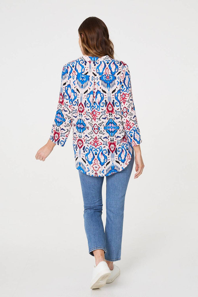 Ikat Print 3/4 Sleeve V-Neck Blouse